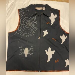 Vintage Halloween Vest L Life Style spider web ghost orange black